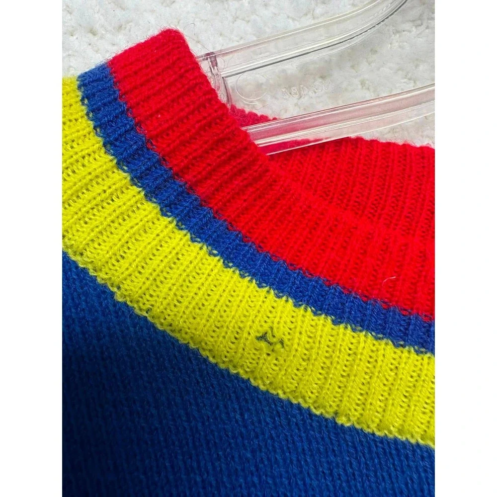 Vintage Color Block Knit Sweater Blue Yellow Red Striped Crewneck Mens XL